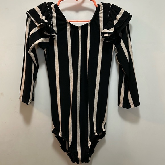 Soft leotard/ one piece, black & cream striped w/ruffle shoulders & long sleeves - Picture 1 of 5